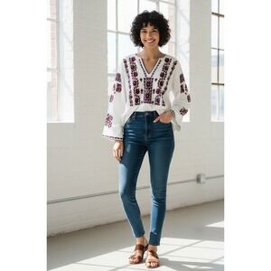 Anthropologie Tiny Agatha Shirt Womens Large‎ White Maroon Embroidered Floral